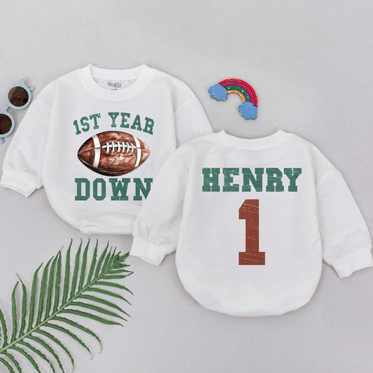 First Year Down Birthday Romper for Baby Boys, Football 1st Birthday Outfit, Newborn Bodysuit, Sports Party Clothes