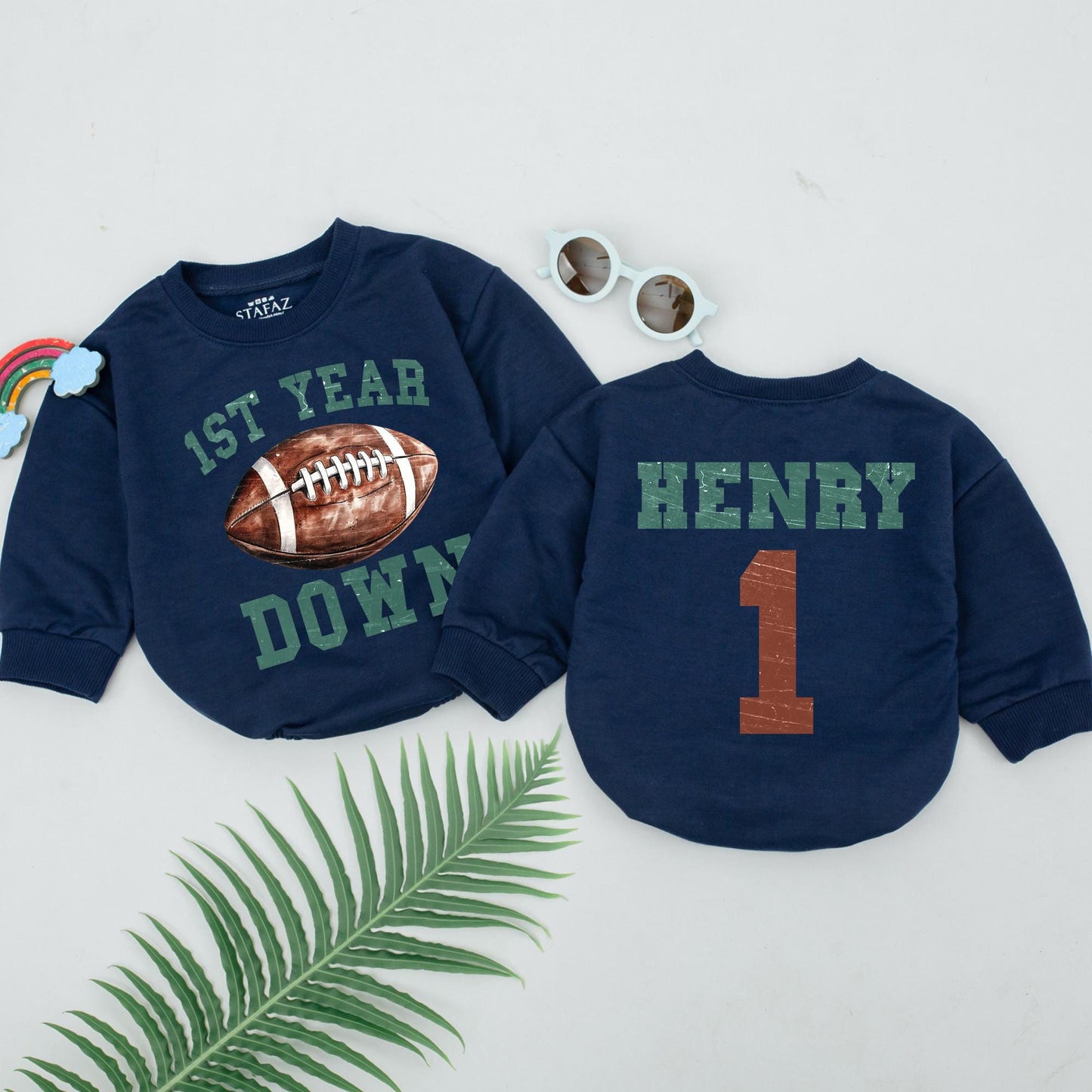 First Year Down Birthday Romper for Baby Boys, Football 1st Birthday Outfit, Newborn Bodysuit, Sports Party Clothes