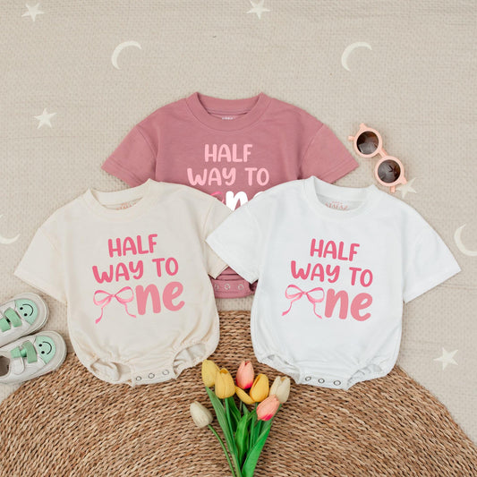 Half Way To One Bubble Romper Pink Bow Birthday Outfit Baby Girl 6 Months Half Birthday Celebration Clothing Cotton Soft Comfortable Party Gift