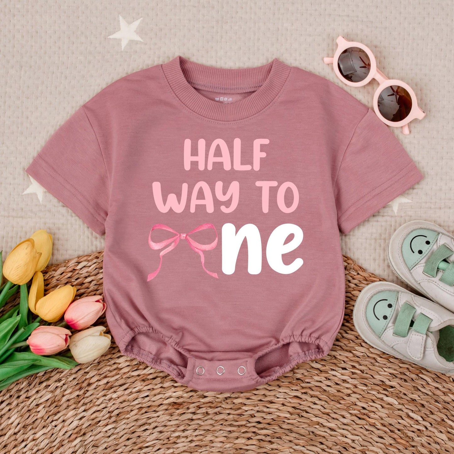 Half Way To One Bubble Romper Pink Bow Birthday Outfit Baby Girl 6 Months Half Birthday Celebration Clothing Cotton Soft Comfortable Party Gift