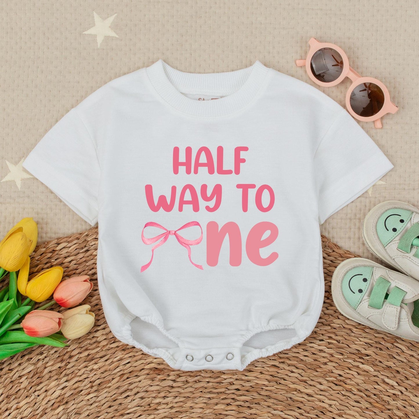 Half Way To One Bubble Romper Pink Bow Birthday Outfit Baby Girl 6 Months Half Birthday Celebration Clothing Cotton Soft Comfortable Party Gift