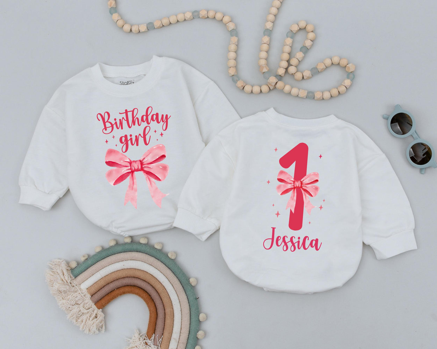 Retro Birthday Girl Bubble Romper Custom Name Bow Design Baby Bodysuit First Birthday Outfit Cute Girl Clothes