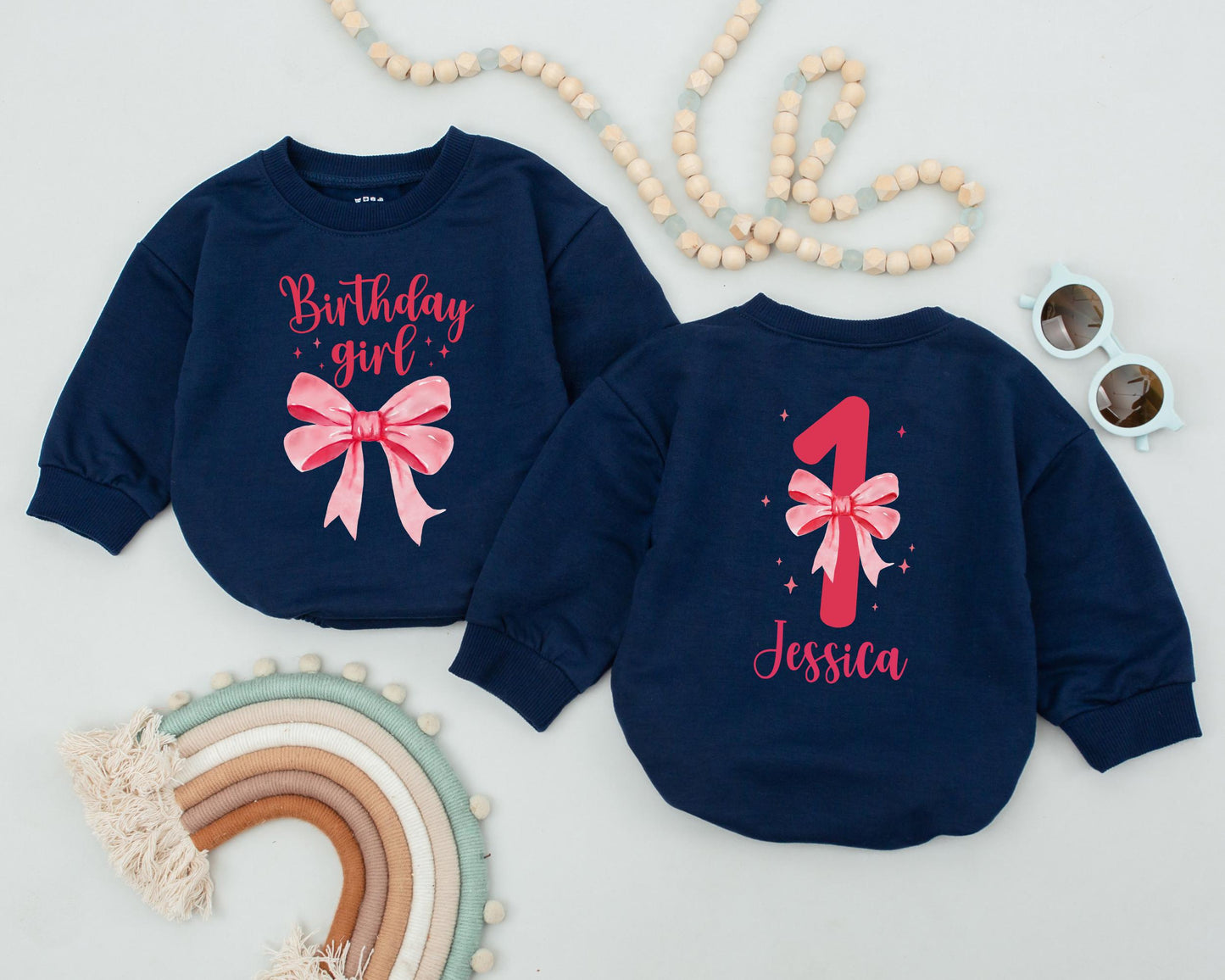 Retro Birthday Girl Bubble Romper Custom Name Bow Design Baby Bodysuit First Birthday Outfit Cute Girl Clothes