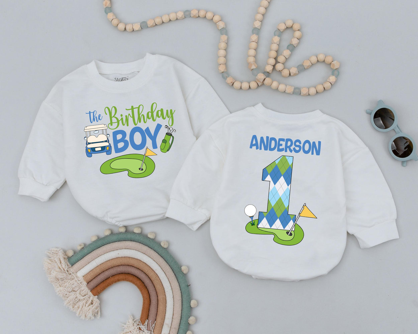 Hole in One Golf Theme First Birthday Romper for Baby Boy Cake Smash Outfit, adorable sports party clothes soft comfortable golf lover gift.
