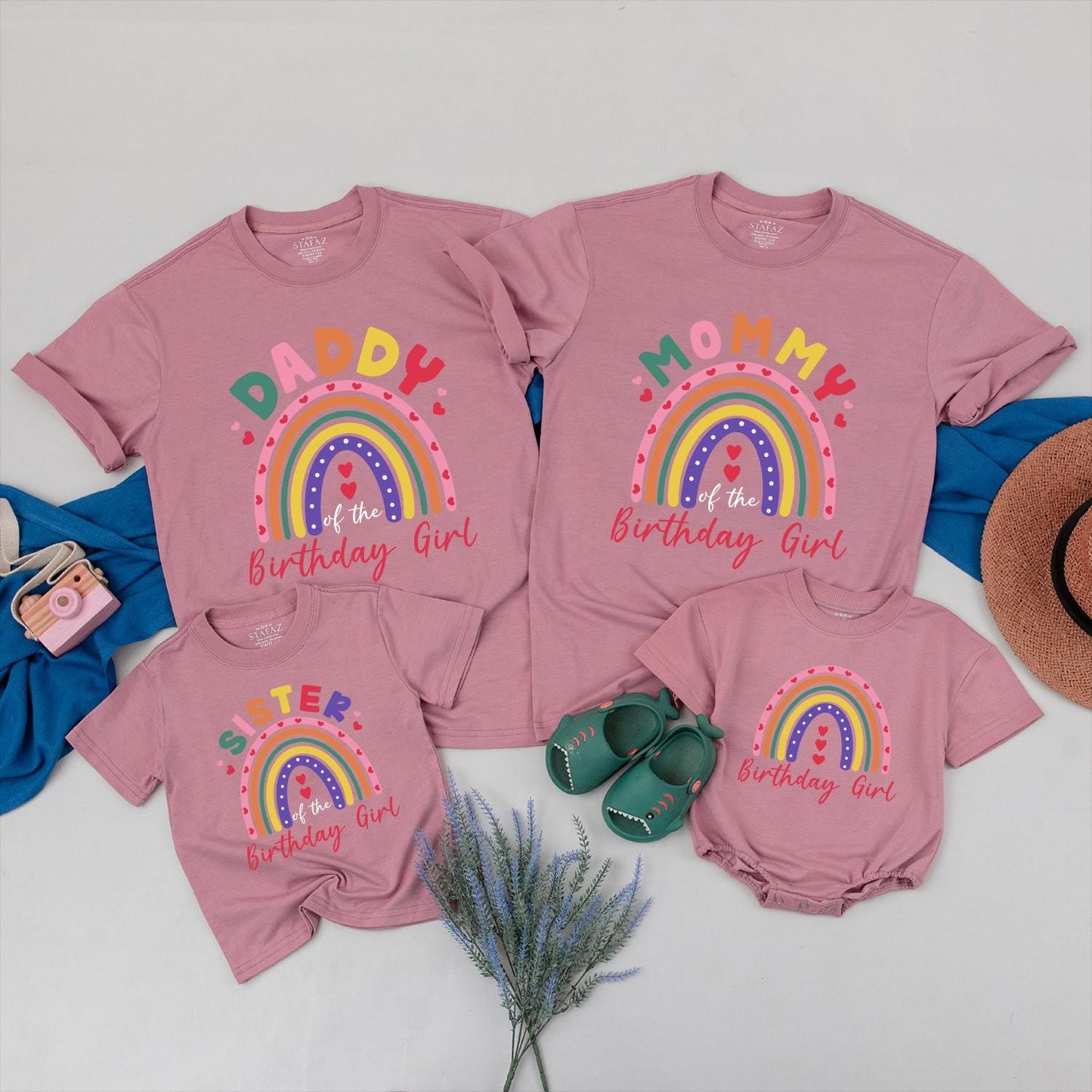 Mom Dad Birthday Girl Rainbow Matching Shirts & Baby Girl Romper Family Celebration Outfit Toddler Fun