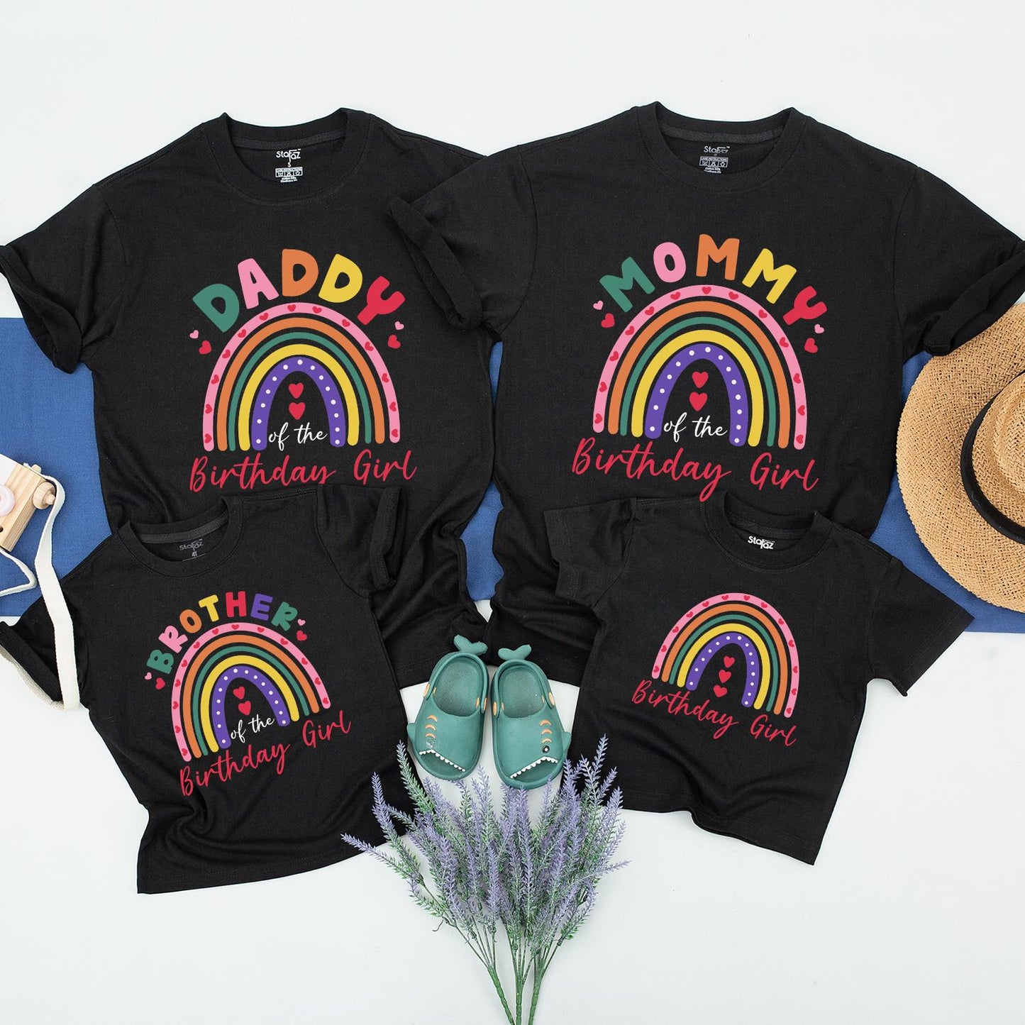 Mom Dad Birthday Girl Rainbow Matching Shirts & Baby Girl Romper Family Celebration Outfit Toddler Fun