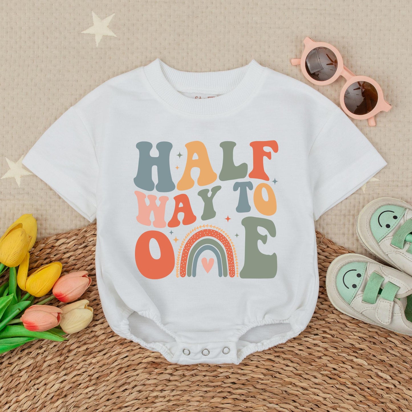 Half Way To One Bubble Romper for Baby Girl Boho Minimalist Outfit 1st Birthday Celebration Gift