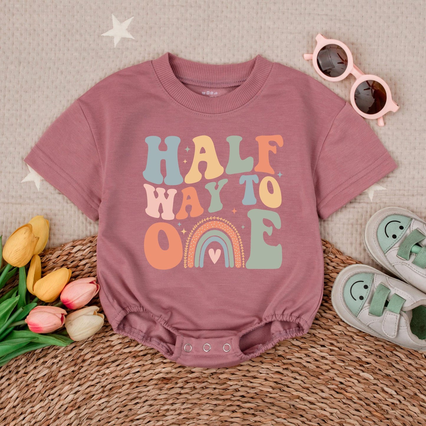 Half Way To One Bubble Romper for Baby Girl Boho Minimalist Outfit 1st Birthday Celebration Gift