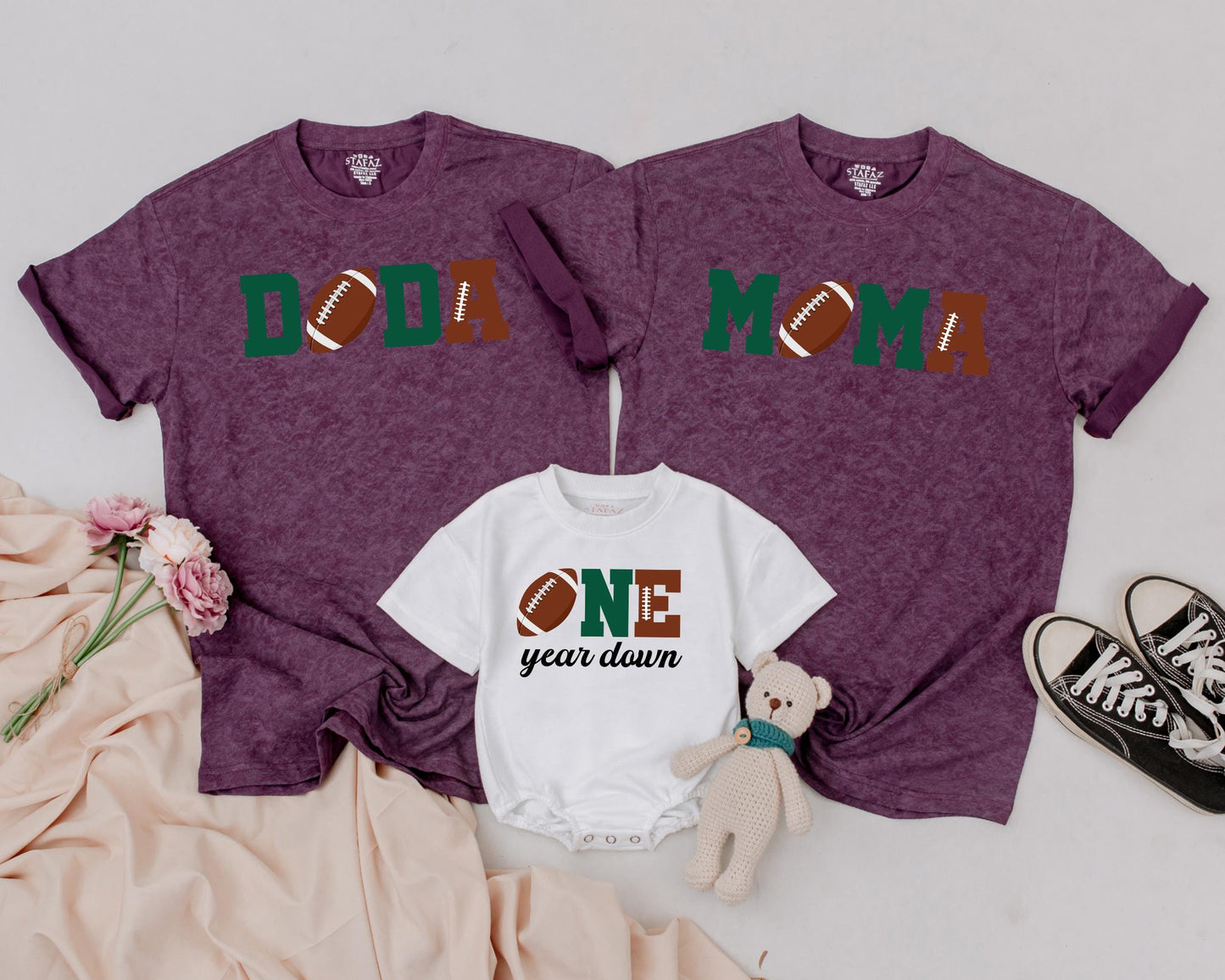 First Birthday Football Family Shirts Doda Moma Soster ONE year down Baby Boy Matching Dad Green Brown Football Stitching