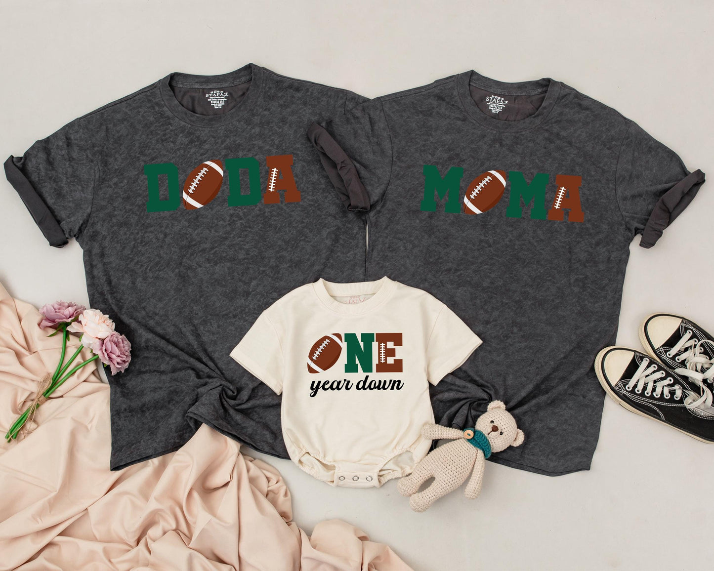 First Birthday Football Family Shirts Doda Moma Soster ONE year down Baby Boy Matching Dad Green Brown Football Stitching