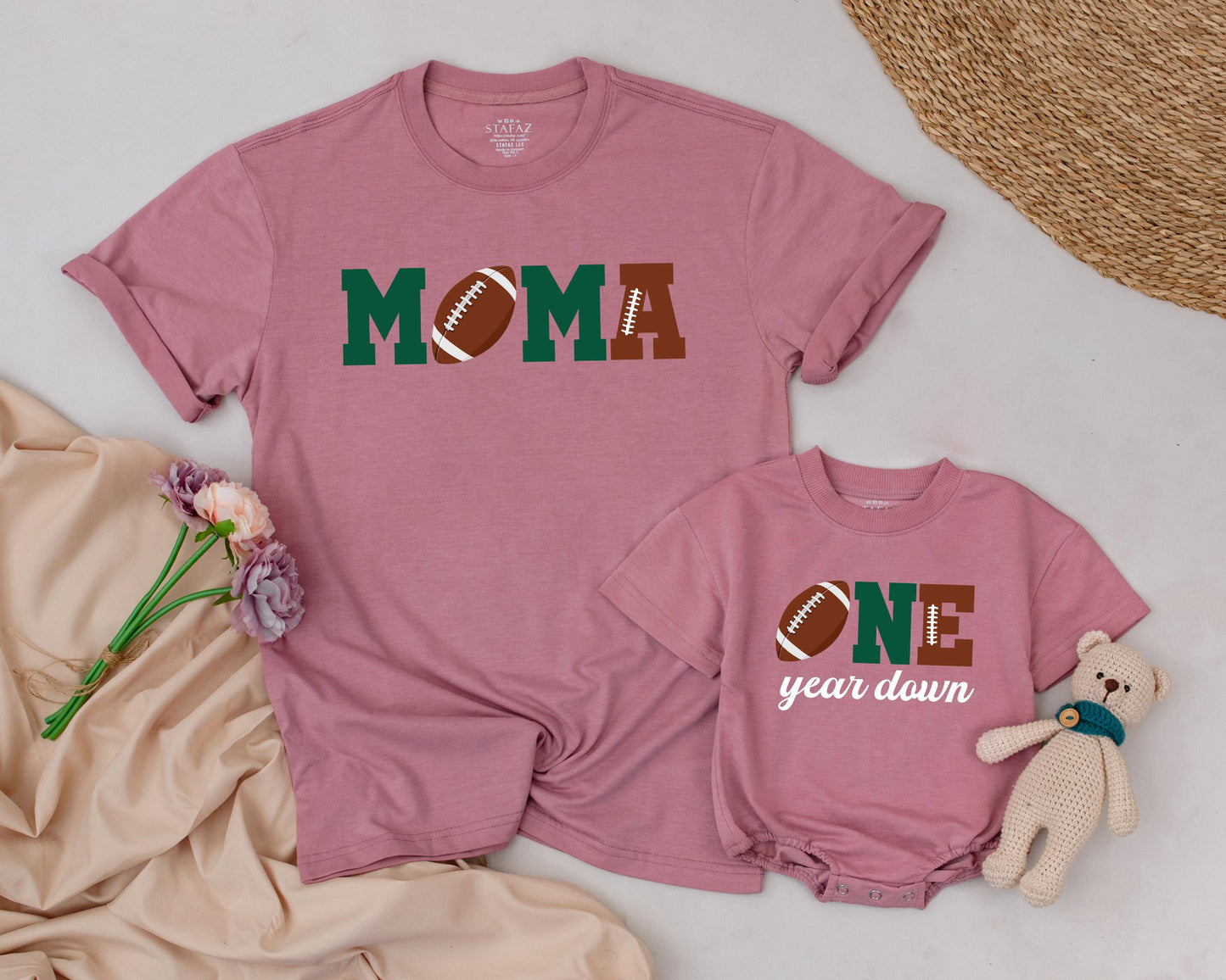 First Birthday Football Family Shirts Doda Moma Soster ONE year down Baby Boy Matching Dad Green Brown Football Stitching