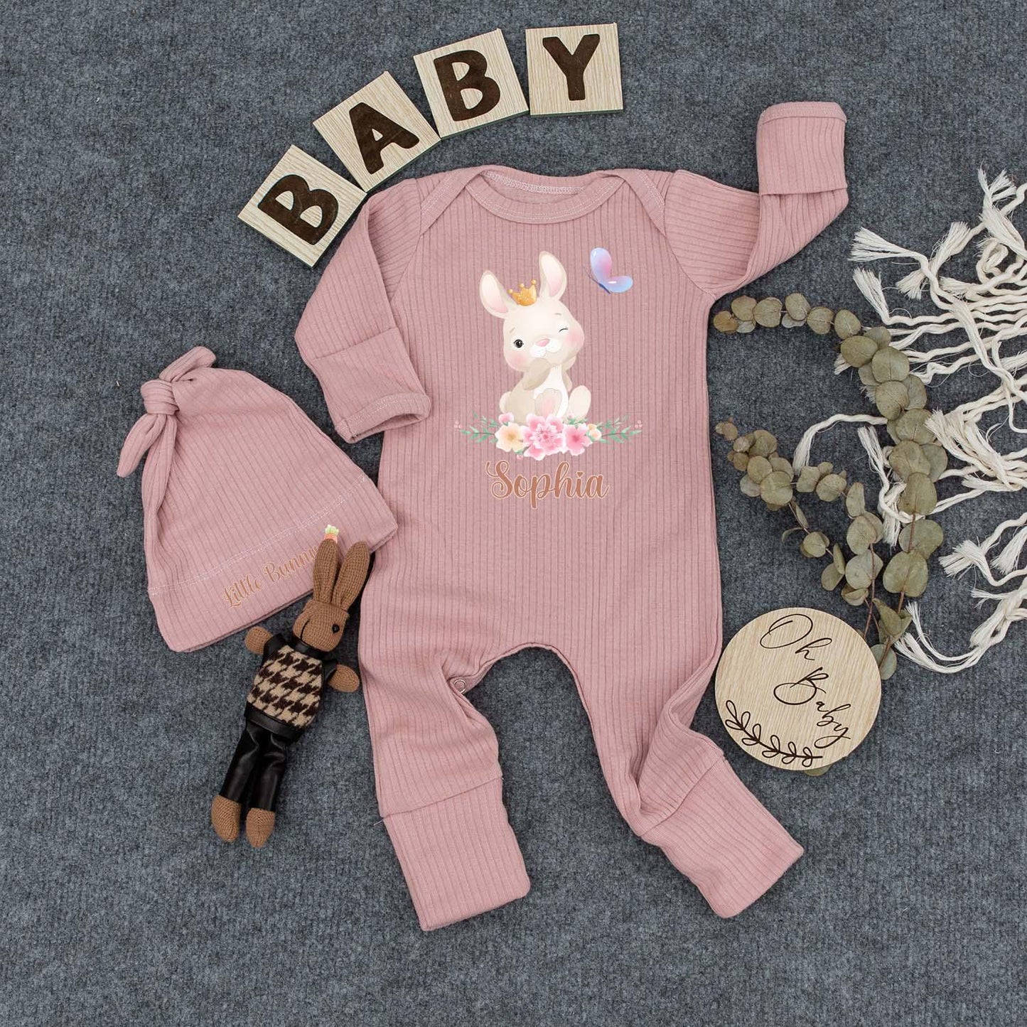 Sophia's Bunny & Crown Baby Bodysuit Set, Personalized Floral Outfit, Honey Bunny Newborn Gift, Easter Day Bodysuit, Custom Baby Clothes, Girl Outfit