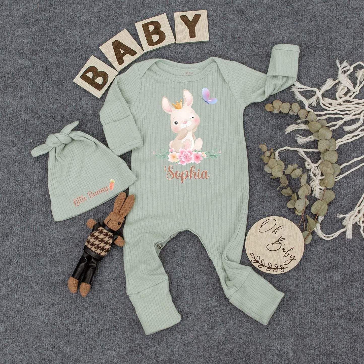 Sophia's Bunny & Crown Baby Bodysuit Set, Personalized Floral Outfit, Honey Bunny Newborn Gift, Easter Day Bodysuit, Custom Baby Clothes, Girl Outfit