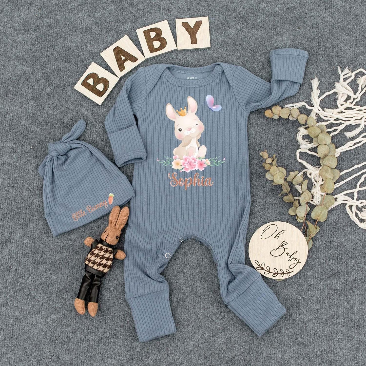 Sophia's Bunny & Crown Baby Bodysuit Set, Personalized Floral Outfit, Honey Bunny Newborn Gift, Easter Day Bodysuit, Custom Baby Clothes, Girl Outfit
