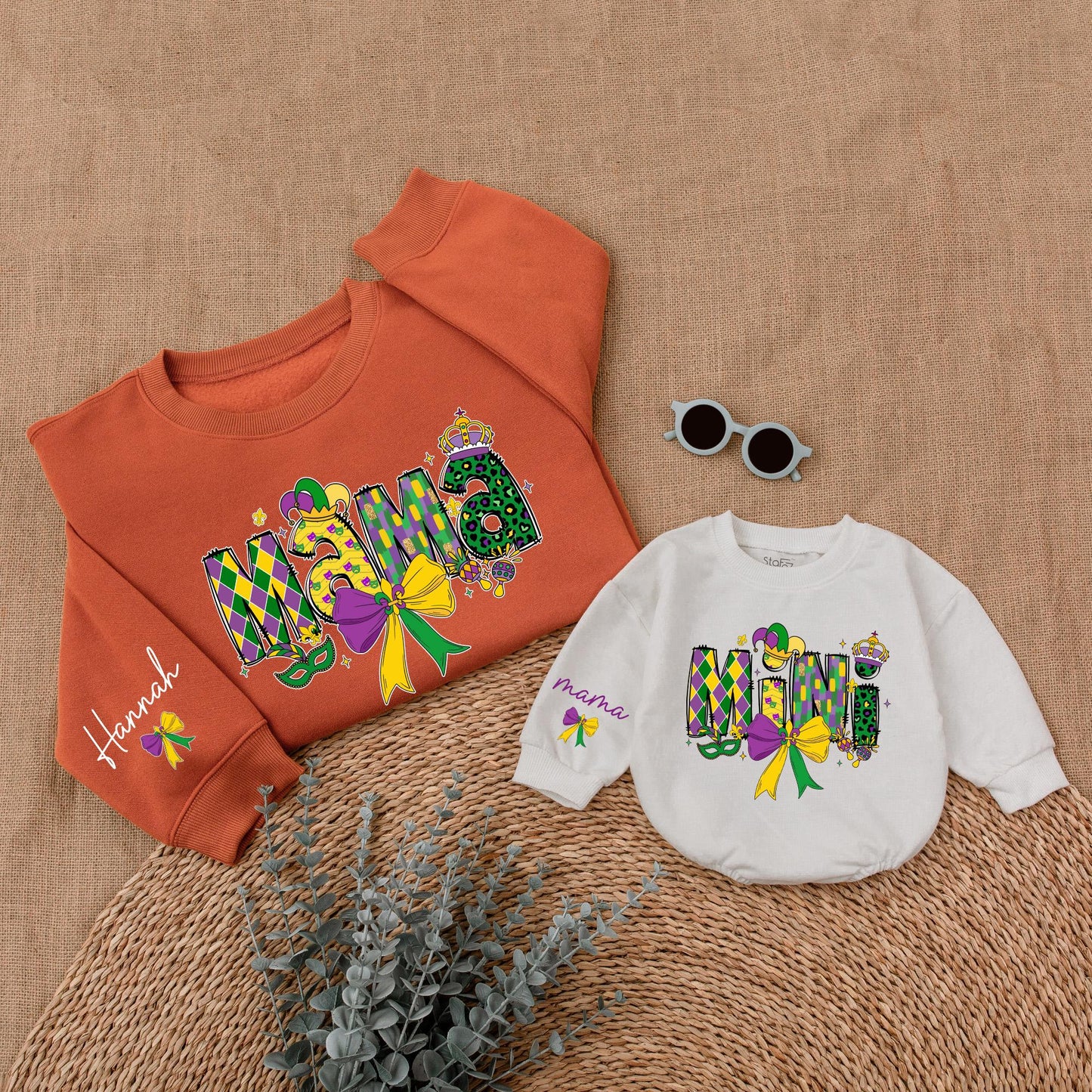 Personalized Mardi Gras Mama and Mini Sweatshirt Matching Family Sweaters Custom Mom Baby Gifts