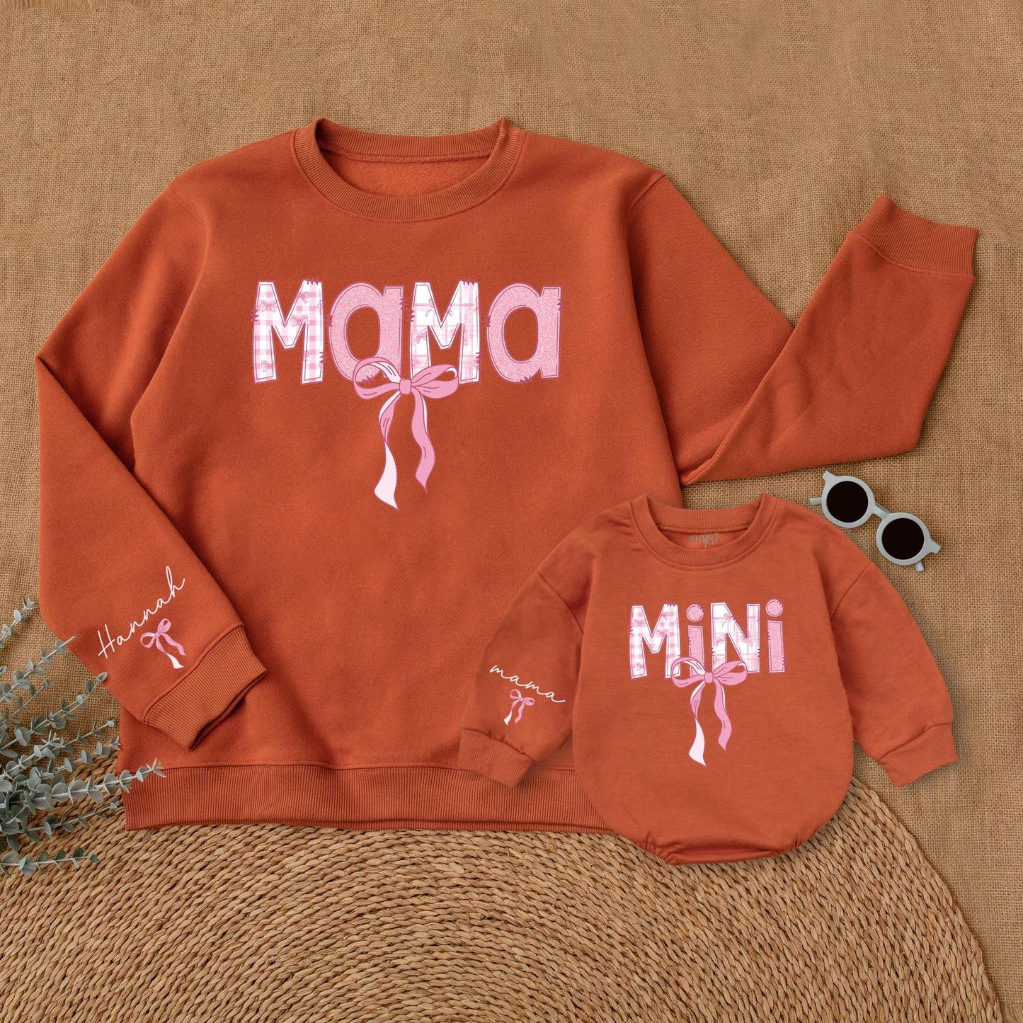 Personalized Pink Bow Mama and Mini Matching Sweatshirt Comfortable Mother Daughter Soft Warm Sweater Gift for Moms and Babies