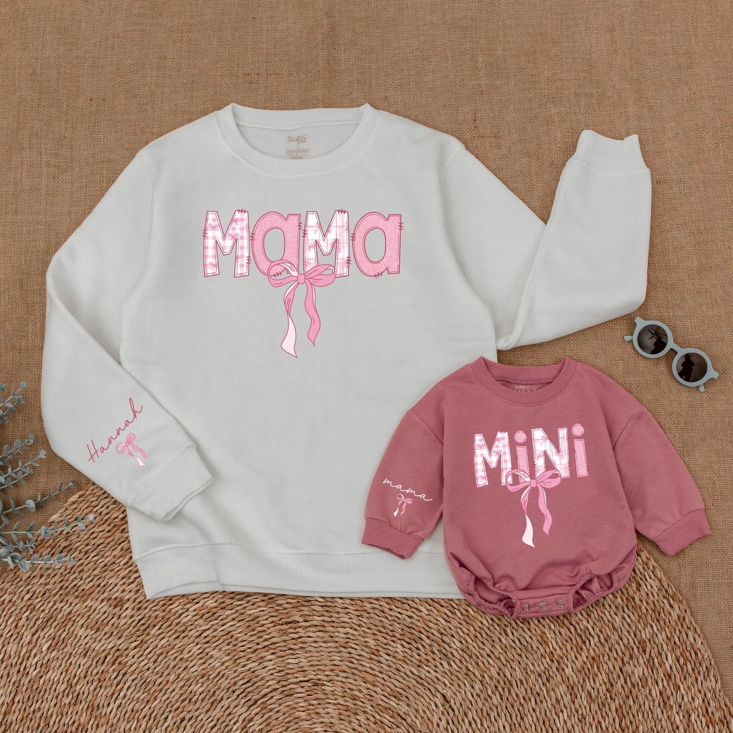Personalized Pink Bow Mama and Mini Matching Sweatshirt Comfortable Mother Daughter Soft Warm Sweater Gift for Moms and Babies