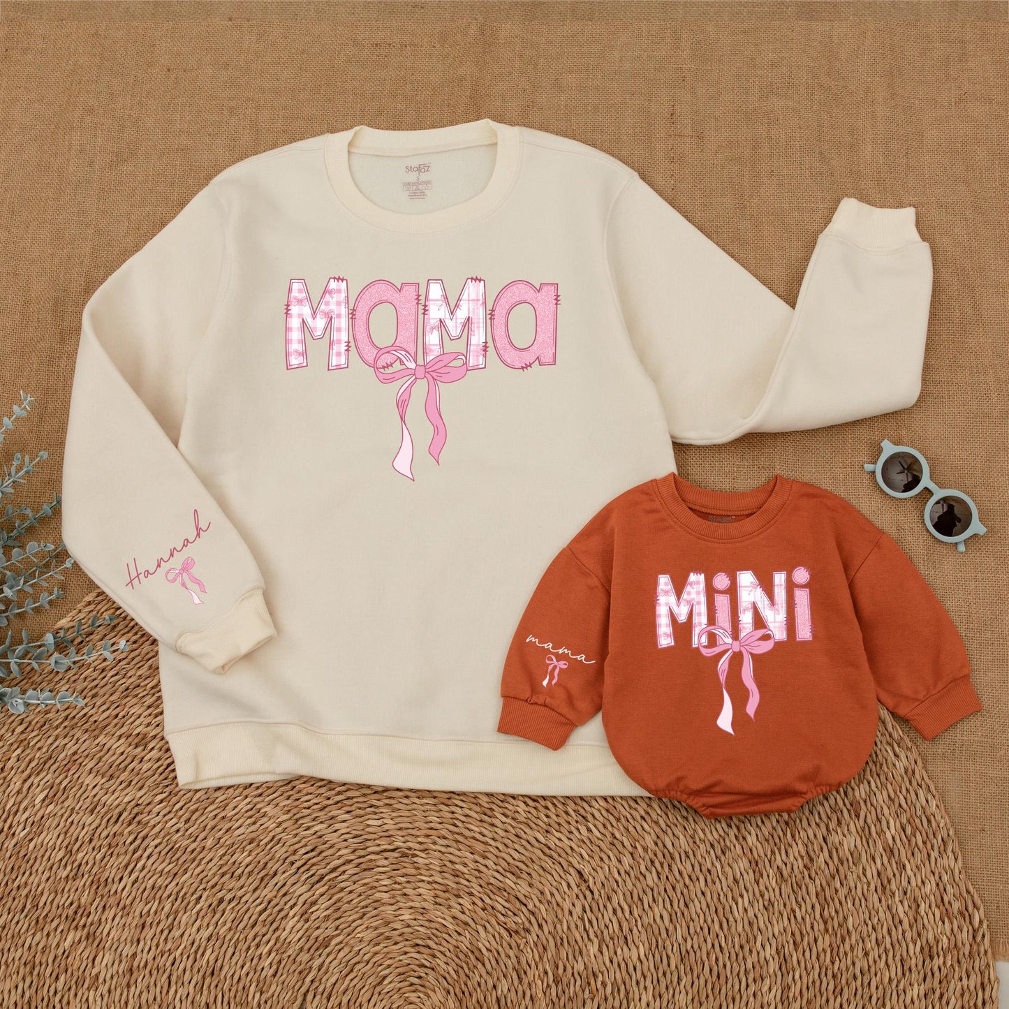 Personalized Pink Bow Mama and Mini Matching Sweatshirt Comfortable Mother Daughter Soft Warm Sweater Gift for Moms and Babies