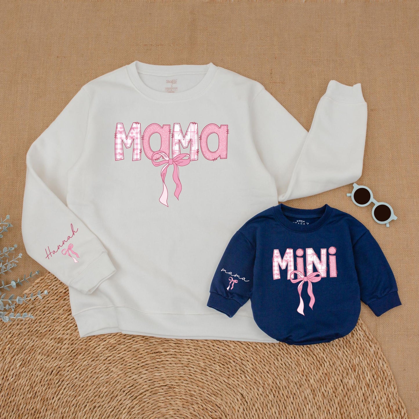 Personalized Pink Bow Mama and Mini Matching Sweatshirt Comfortable Mother Daughter Soft Warm Sweater Gift for Moms and Babies