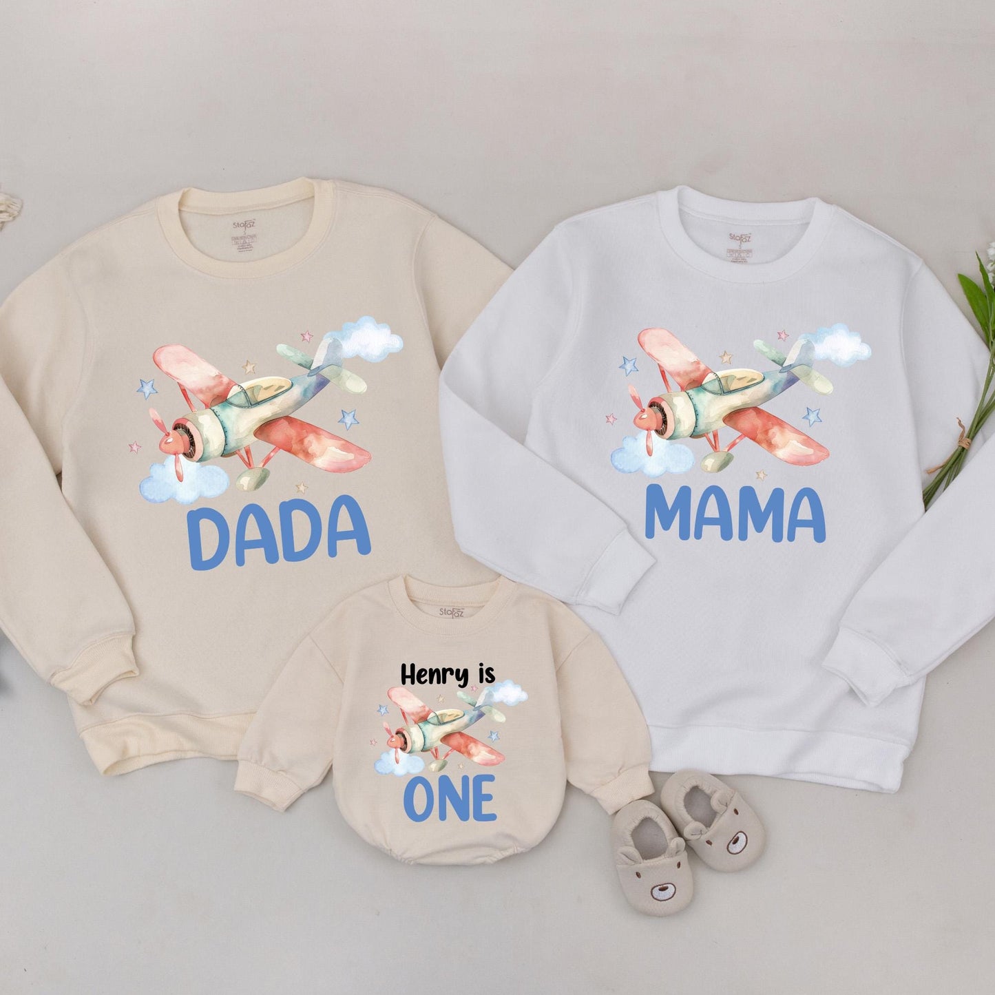 Time Flies First Birthday Family Sweatshirt Flying into One Bodysuit Airplane Birthday Party Crew Shirt