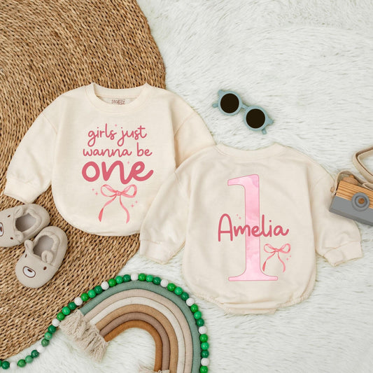 Bow First Birthday Baby Bubble Romper, Bow First Birthday Girl Bubble Romper, Personalized Birthday Gift, Gift Birthday Shirt