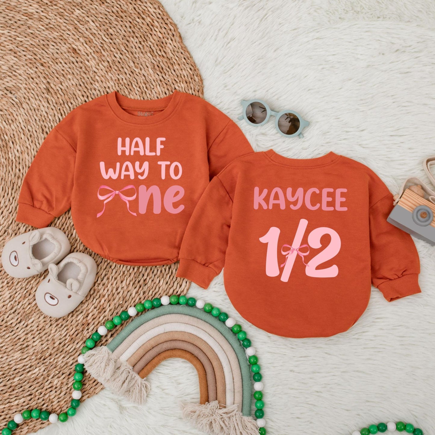 Personalized Halfway to One Bow Bubble Romper Baby Girl Outfit, Lucky Duck 1st Birthday Custom Name, First Birthday Gift