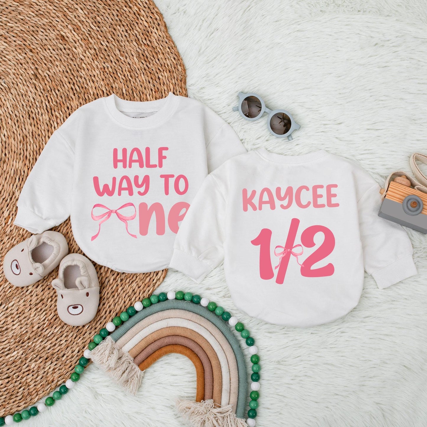 Personalized Halfway to One Bow Bubble Romper Baby Girl Outfit, Lucky Duck 1st Birthday Custom Name, First Birthday Gift