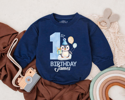 Personalized Name Penguin Birthday Romper for Baby Boy First Birthday The Big One Outfit Penguin Baby Clothes