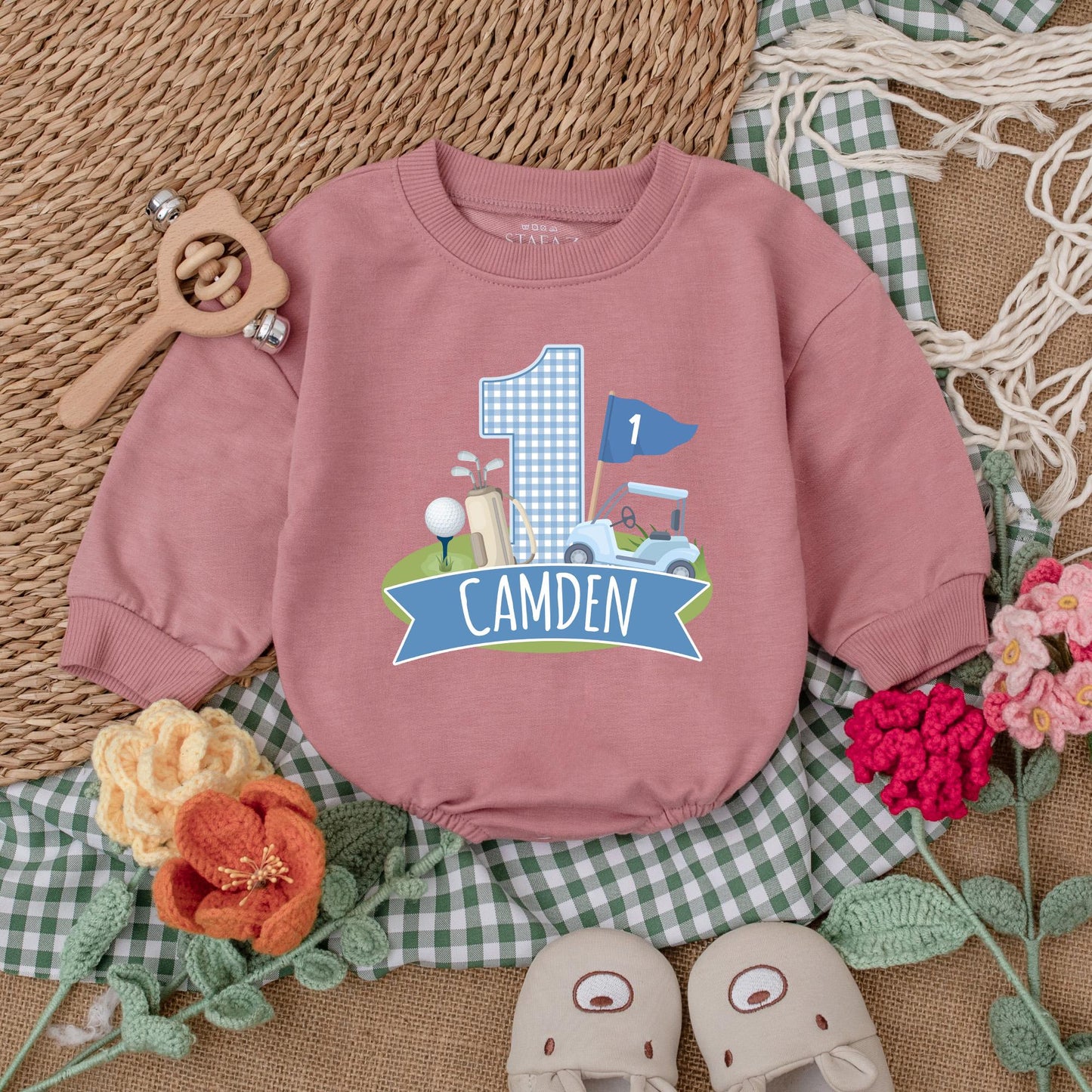 Personalized Golf Hole in One Baby Romper for First Birthday Boy Golf Outfit Newborn Bubble