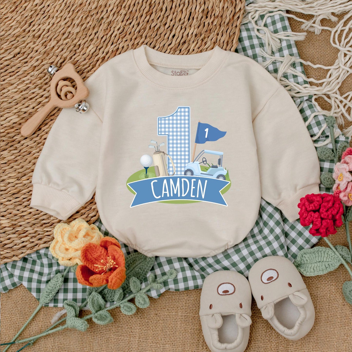 Personalized Golf Hole in One Baby Romper for First Birthday Boy Golf Outfit Newborn Bubble
