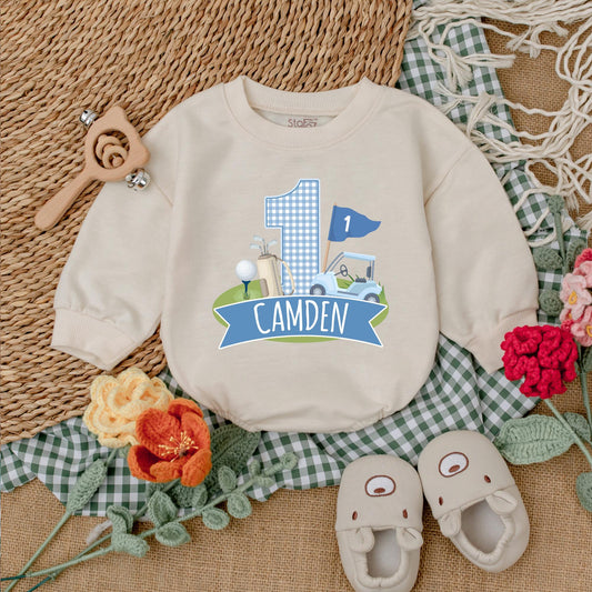 Personalized Golf Hole in One Romper Baby Boy First Birthday Outfit Toddler Golf Ball Bubble Bodysuit