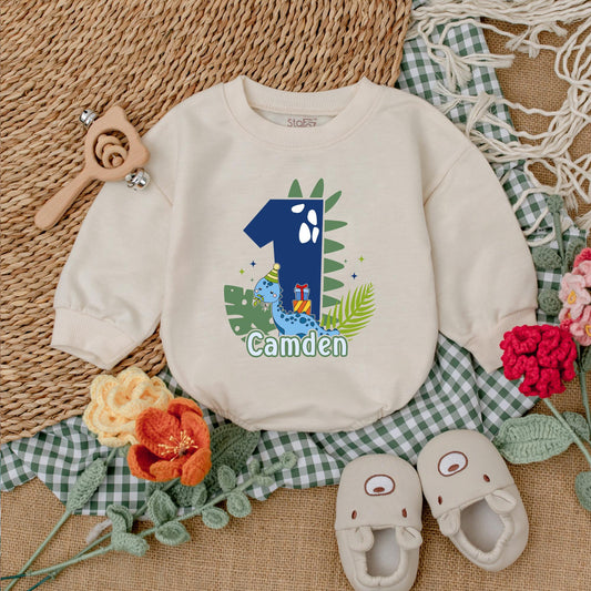 One-A-Saurus Personalized Dinosaur Birthday Romper for Baby Boy, 1st Birthday Outfit, Custom Golf Design Bubble Romper Gift