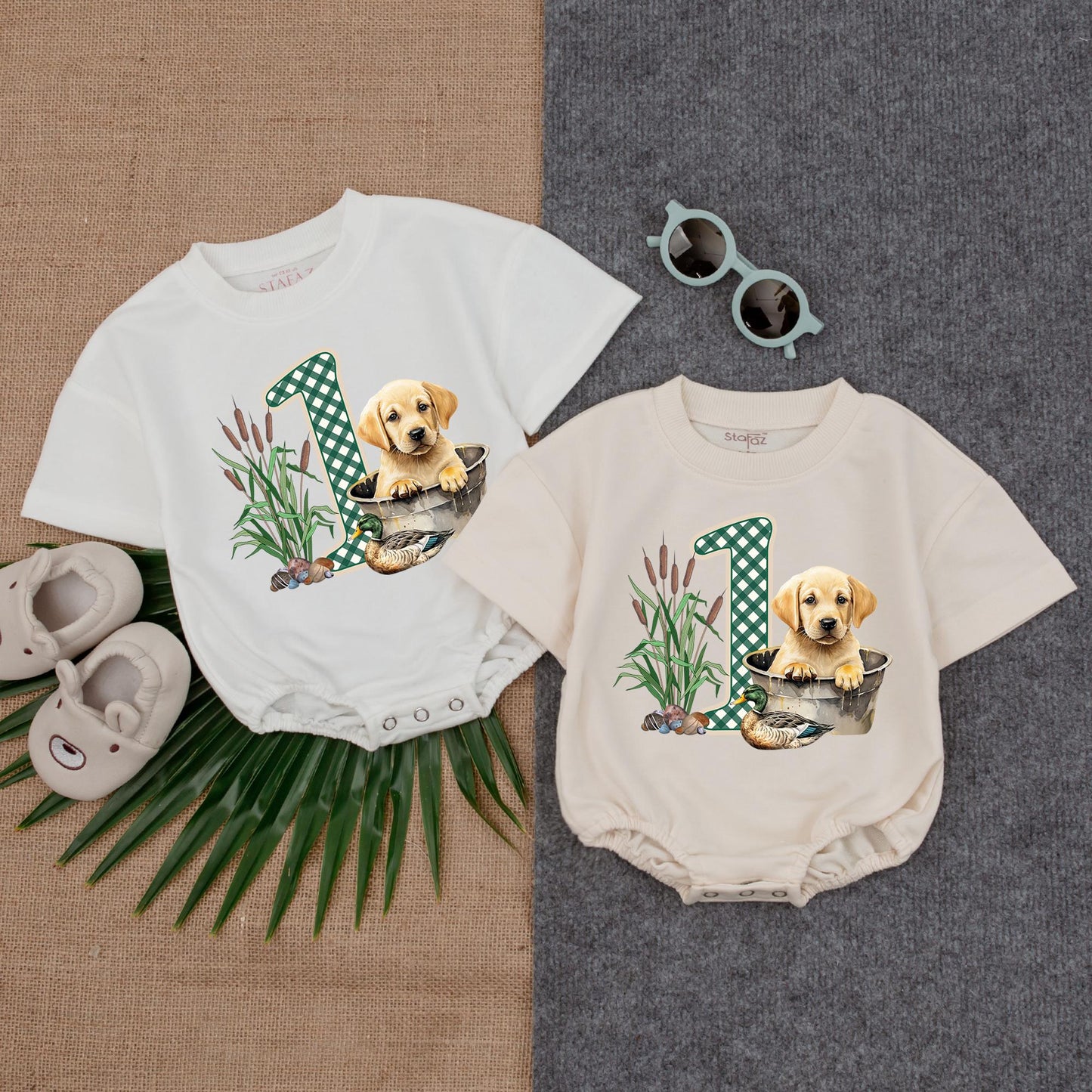 Mallard Duck & Lag Dog Baby Romper - Hunting Lucky Duck Baby Clothes, First Birthday Outfit, Trendy Animal Gift (138 chars)