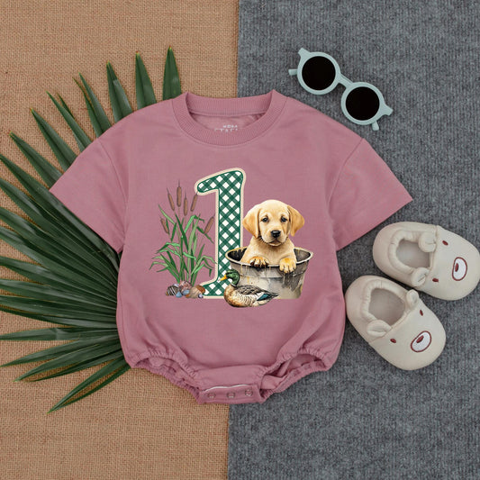 Mallard Duck & Lag Dog Baby Romper - Hunting Lucky Duck Baby Clothes, First Birthday Outfit, Trendy Animal Gift (138 chars)