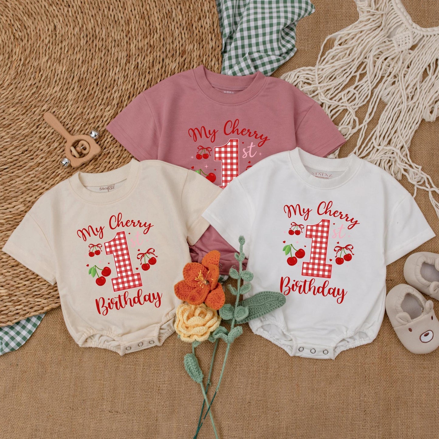 Sweet One Cherry 1st Birthday Outfit Baby Girl Bubble Romper Bodysuit Set with Pink Bow Adorable First Birthday Clothes Baby Shower Gift 136