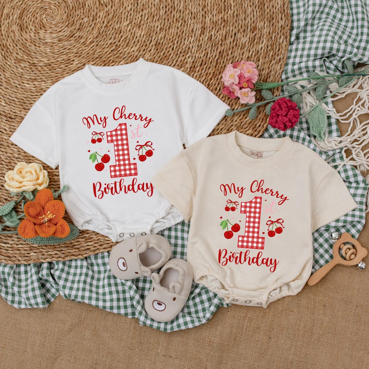 Sweet One Cherry 1st Birthday Outfit Baby Girl Bubble Romper Bodysuit Set with Pink Bow Adorable First Birthday Clothes Baby Shower Gift 136