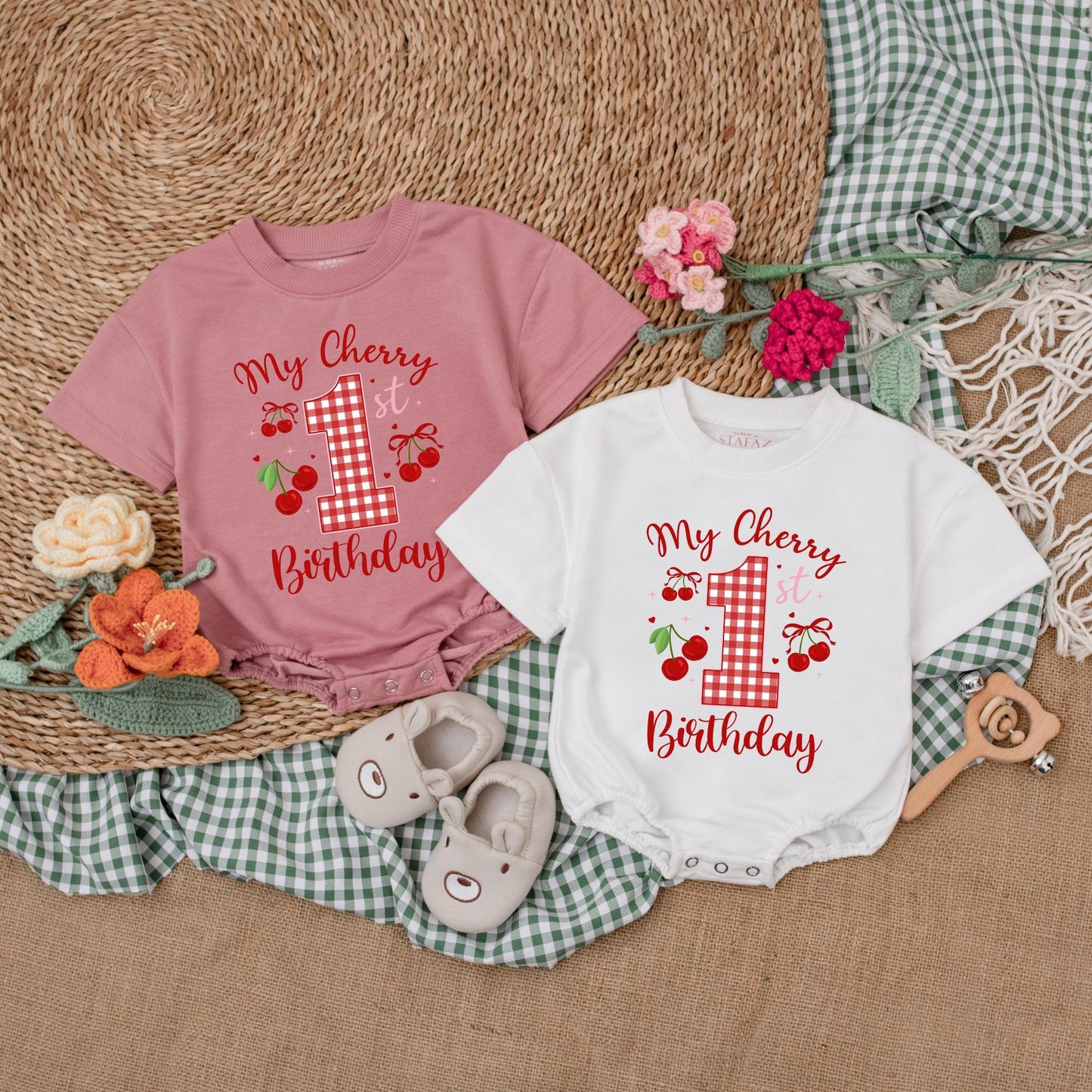 Sweet One Cherry 1st Birthday Outfit Baby Girl Bubble Romper Bodysuit Set with Pink Bow Adorable First Birthday Clothes Baby Shower Gift 136