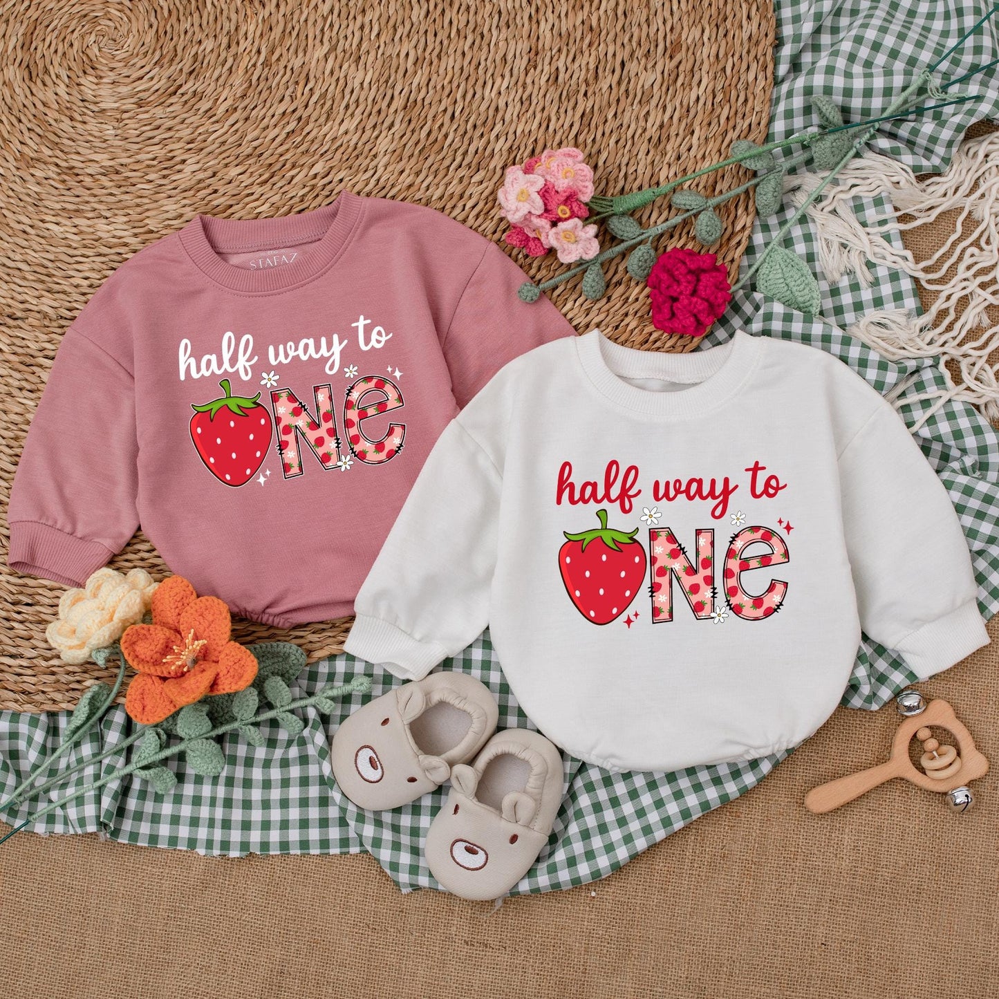 Personalized Berry Half Way To One Romper 6 Months Baby Girl Birthday Outfit Strawberry Theme Bodysuit Sweet Half Birthday Gift