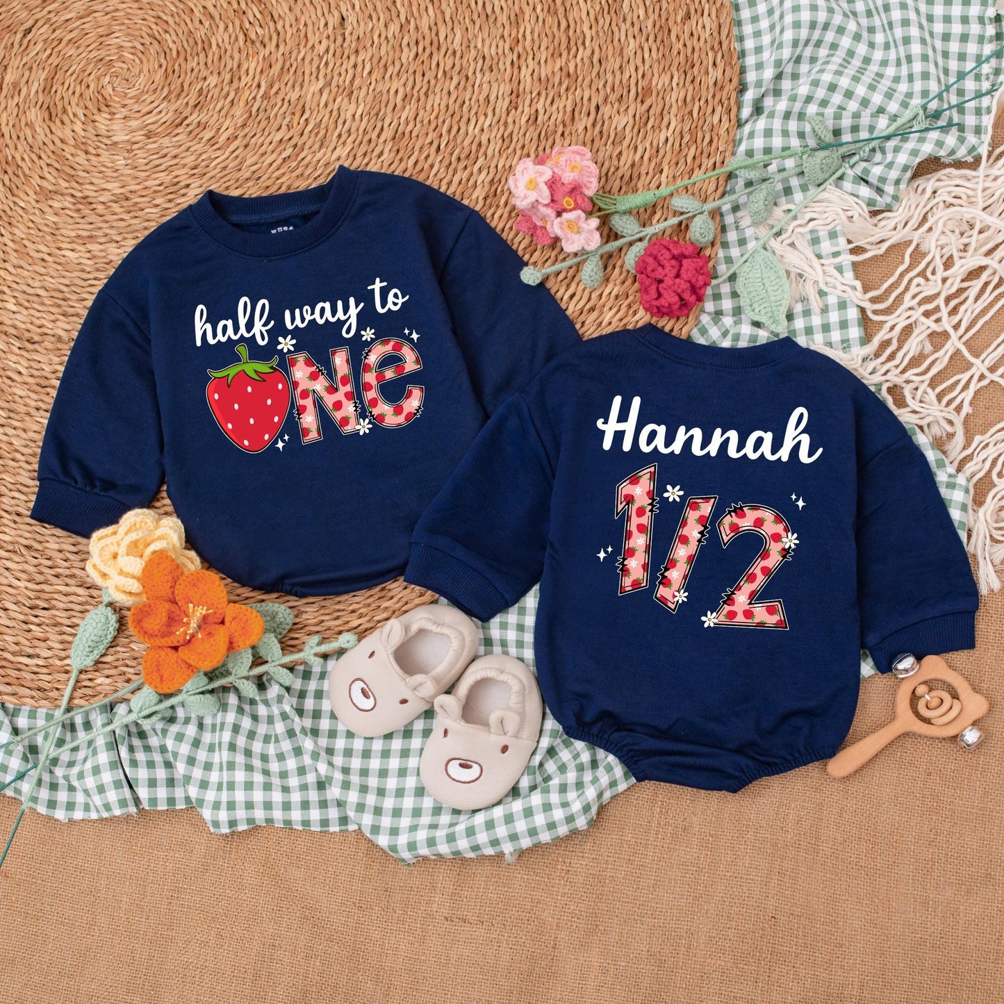 Personalized Berry Half Way To One Romper 6 Months Baby Girl Birthday Outfit Strawberry Theme Bodysuit Sweet Half Birthday Gift