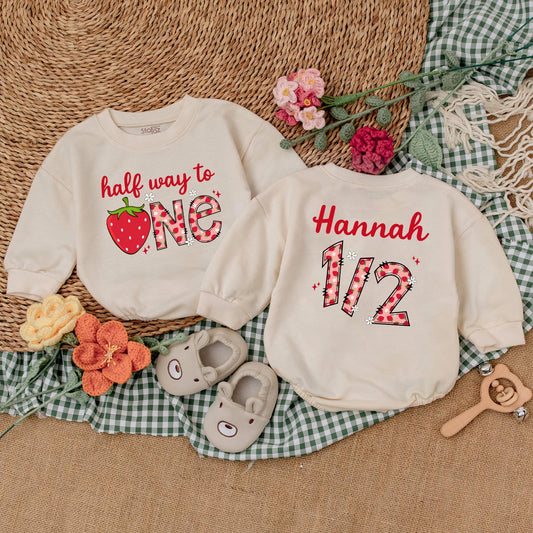 Personalized Berry Half Way To One Romper 6 Months Baby Girl Birthday Outfit Strawberry Theme Bodysuit Sweet Half Birthday Gift