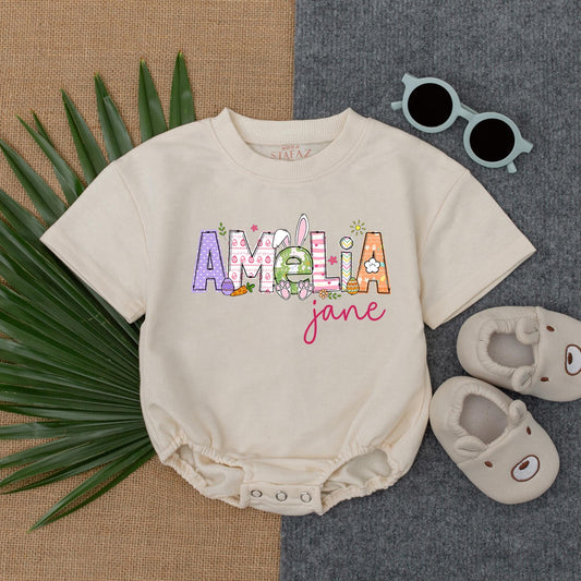 Personalized Bunny Baby Romper for Easter, Custom Name Sweatshirt Bodysuit, Baby Girl's First Easter Outfit, Birthday Gift