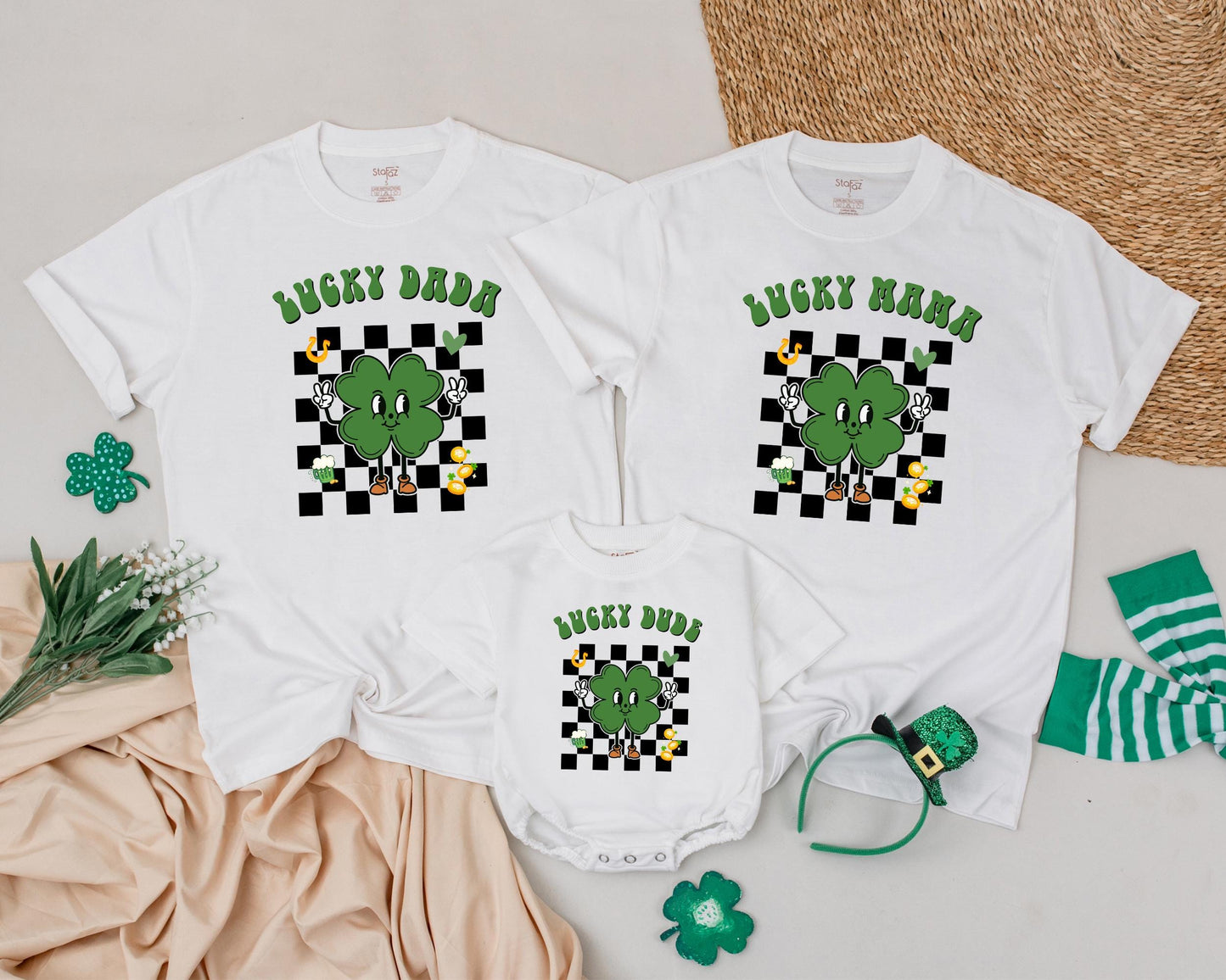 Lucky Birthday Family Matching Shirts, Cute Shamrock Outfit, Personalized Name on Retro St Patricks Day Tee, Green Clover Design, Baby 1st Birthday Gift