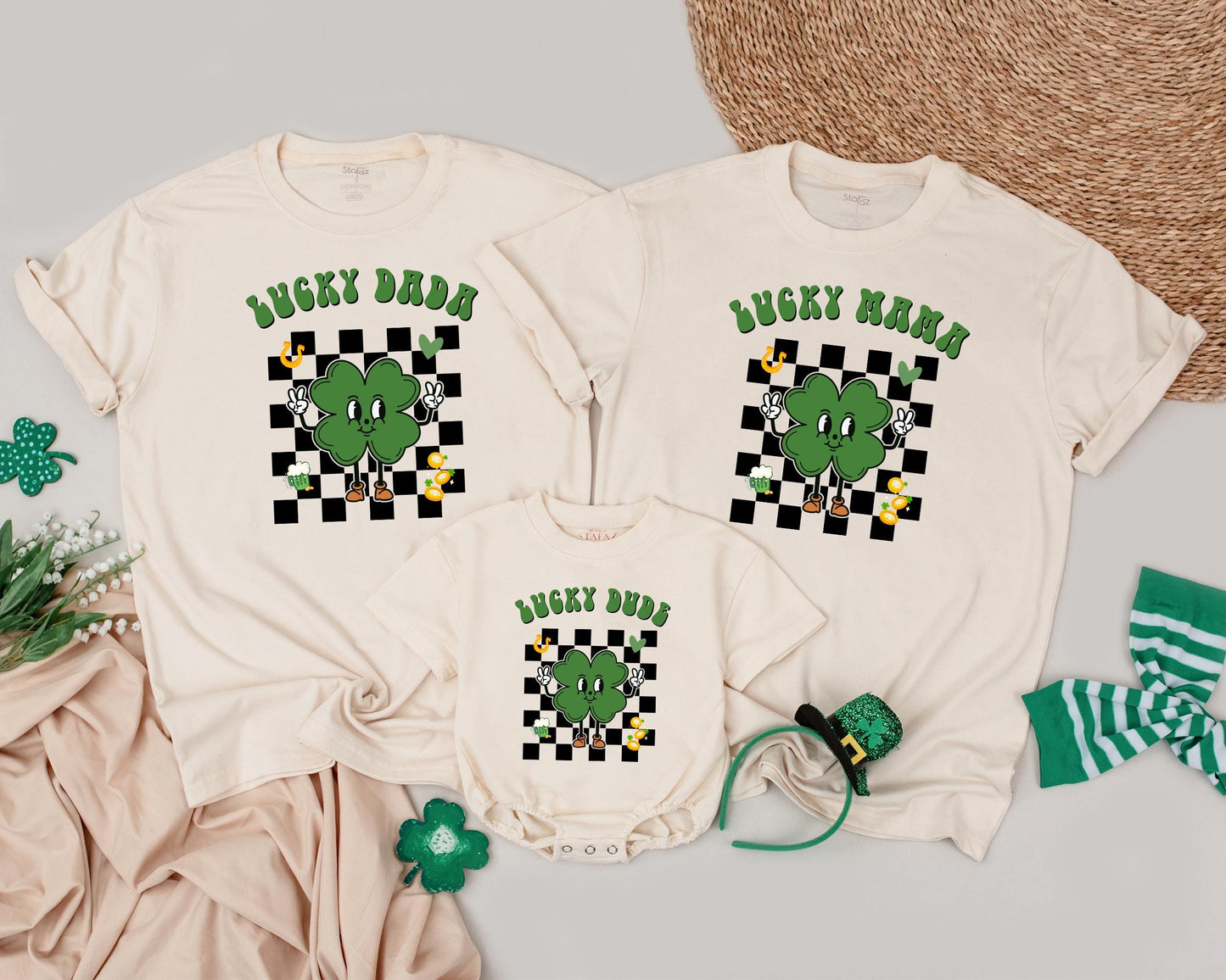 Lucky Birthday Family Matching Shirts, Cute Shamrock Outfit, Personalized Name on Retro St Patricks Day Tee, Green Clover Design, Baby 1st Birthday Gift