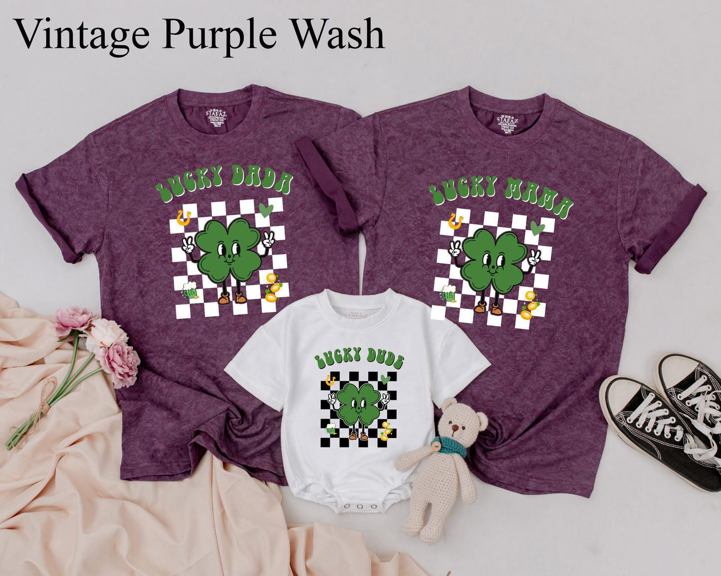 Lucky Birthday Family Matching Shirts, Cute Shamrock Outfit, Personalized Name on Retro St Patricks Day Tee, Green Clover Design, Baby 1st Birthday Gift