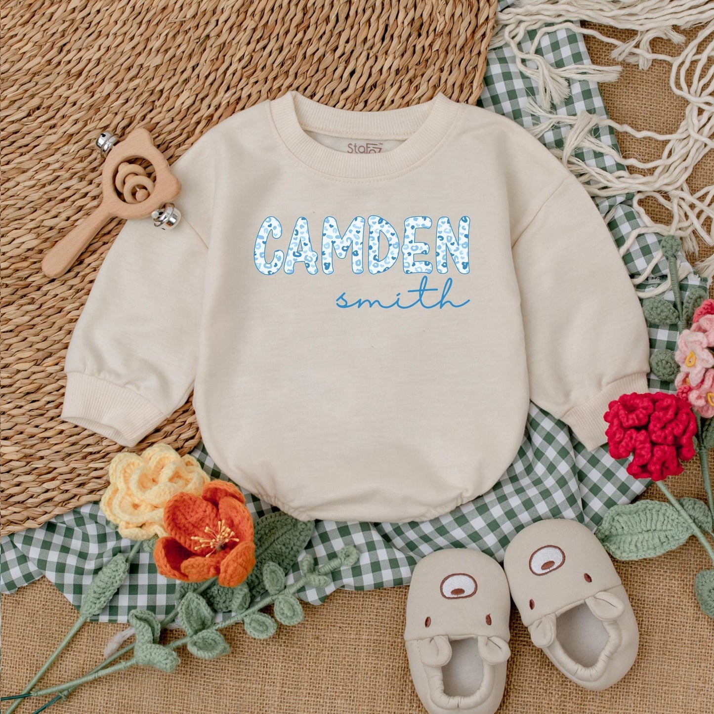Custom Name Blue Leopard Baby Boy Romper, Personalized Newborn Gift, Baby Shower Outfit, Cute Boy Clothes, Coming Home Romper