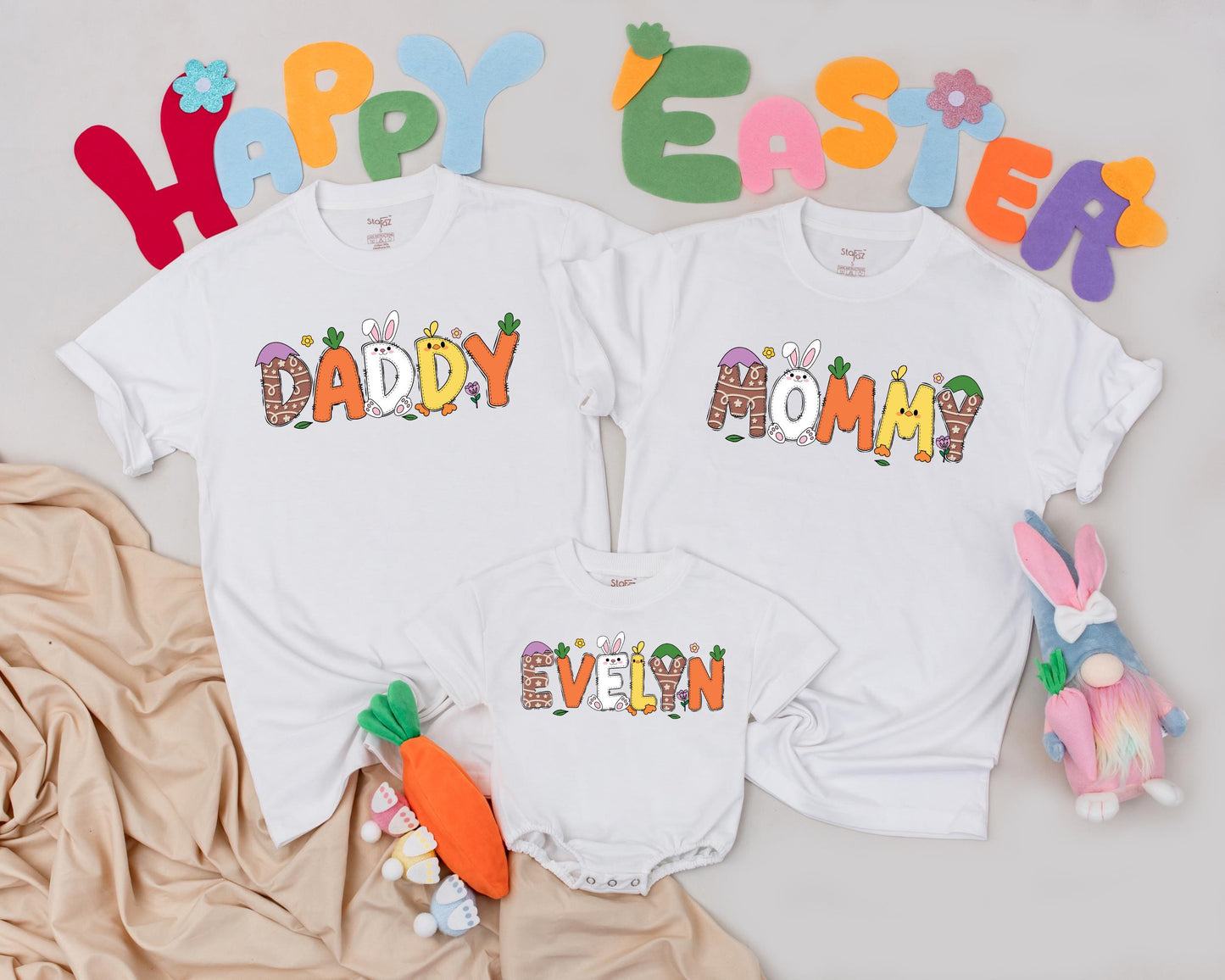 Matching Easter Family Shirts Personalized Bunny Design, Custom 1st Easter Day Outfits, Mommy & Me Gift, Baby Boy & Girl Clothes