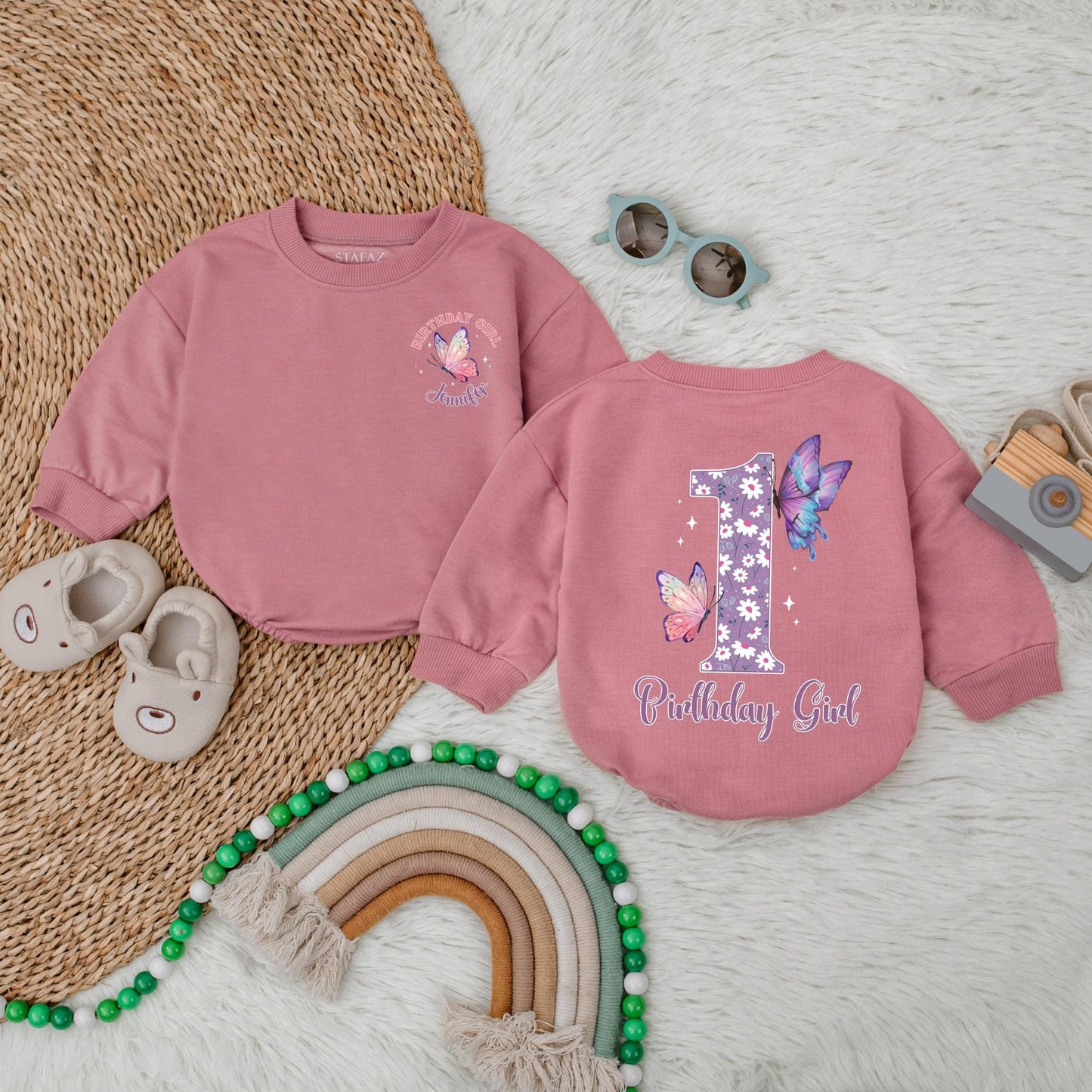 Butterfly Girl 1st Birthday Bubble Romper Personalized Purple Butterfly Design Baby Girl Outfit First Birthday Gift