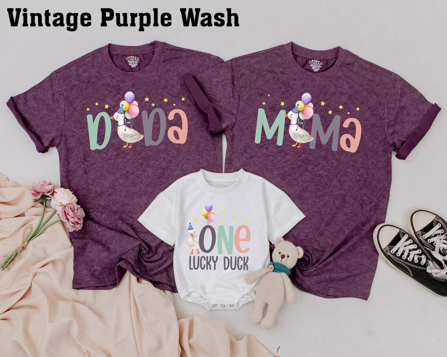 One Lucky Duck First Birthday Matching Family Shirts Pastel Duck Birthday Outfit Teal Peach Gray Baby Girl Party Tee Playful 1st Birthday Apparel