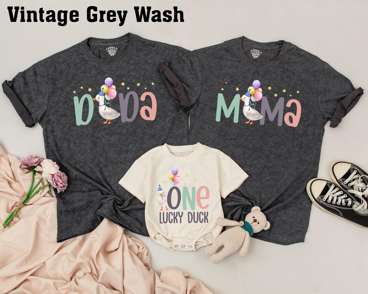 One Lucky Duck First Birthday Matching Family Shirts Pastel Duck Birthday Outfit Teal Peach Gray Baby Girl Party Tee Playful 1st Birthday Apparel