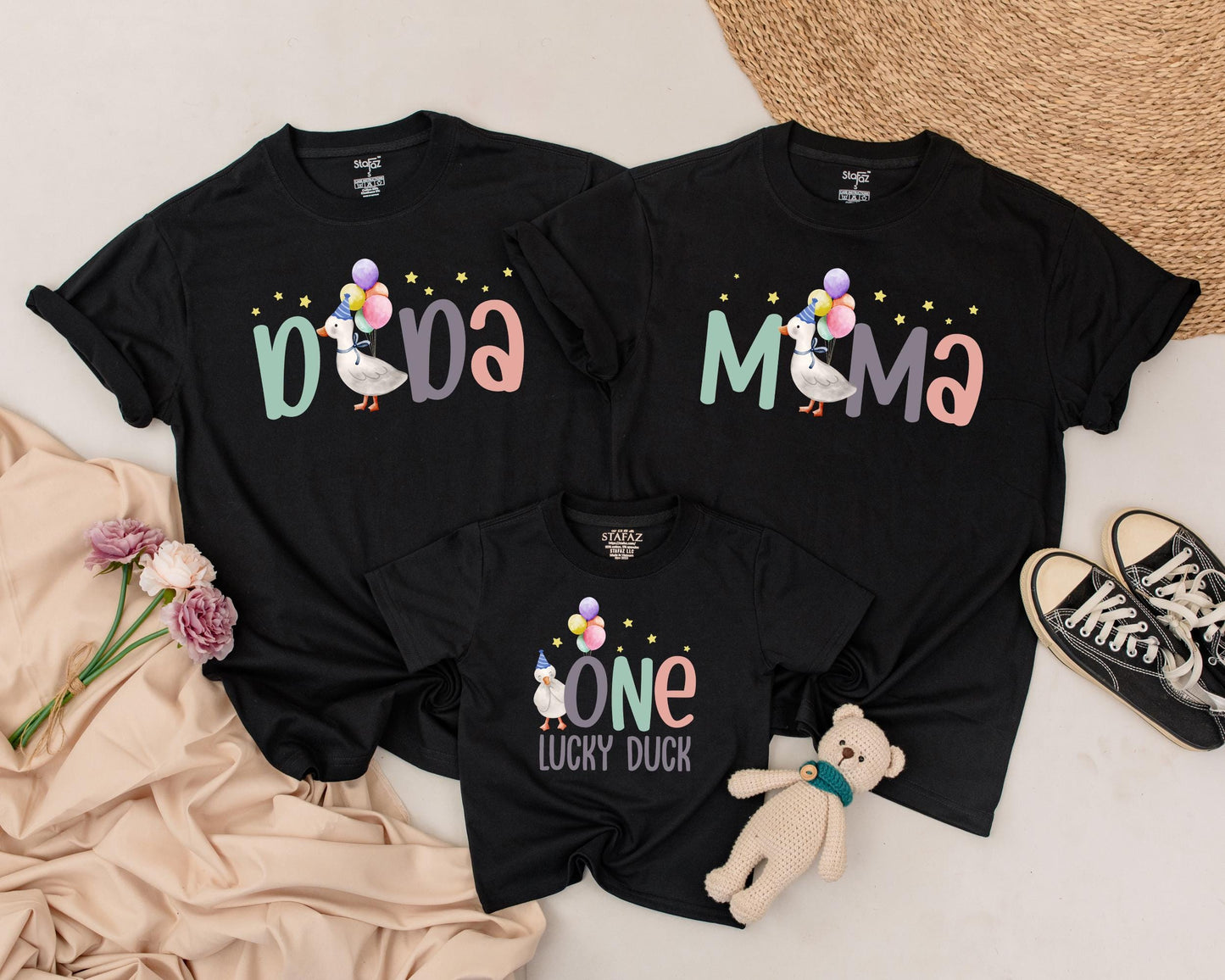 One Lucky Duck First Birthday Matching Family Shirts Pastel Duck Birthday Outfit Teal Peach Gray Baby Girl Party Tee Playful 1st Birthday Apparel